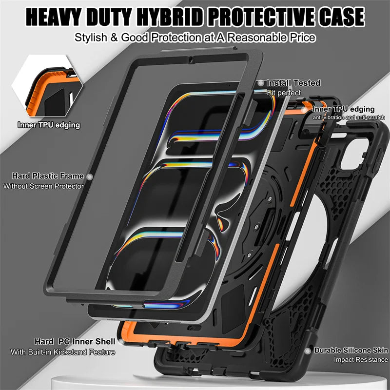 Rugged Kickstand Shockproof Case with Shoulder Strap for 2024 iPad Pro 11", 12.9", iPad Air 13", &amp; iPad Air 11" M2