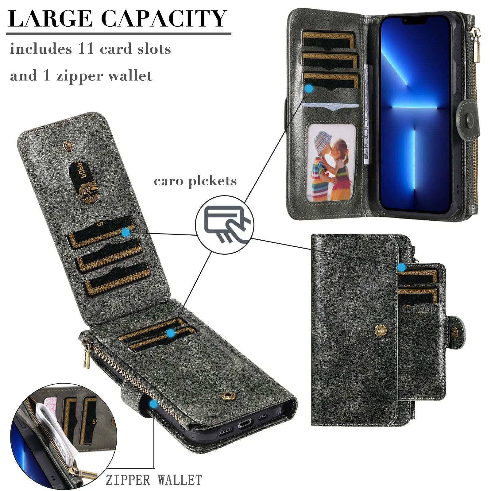 CaseMe iPhone 13 Pro Max 2 in1 Detachable Leather Zipper Wallet Case Black